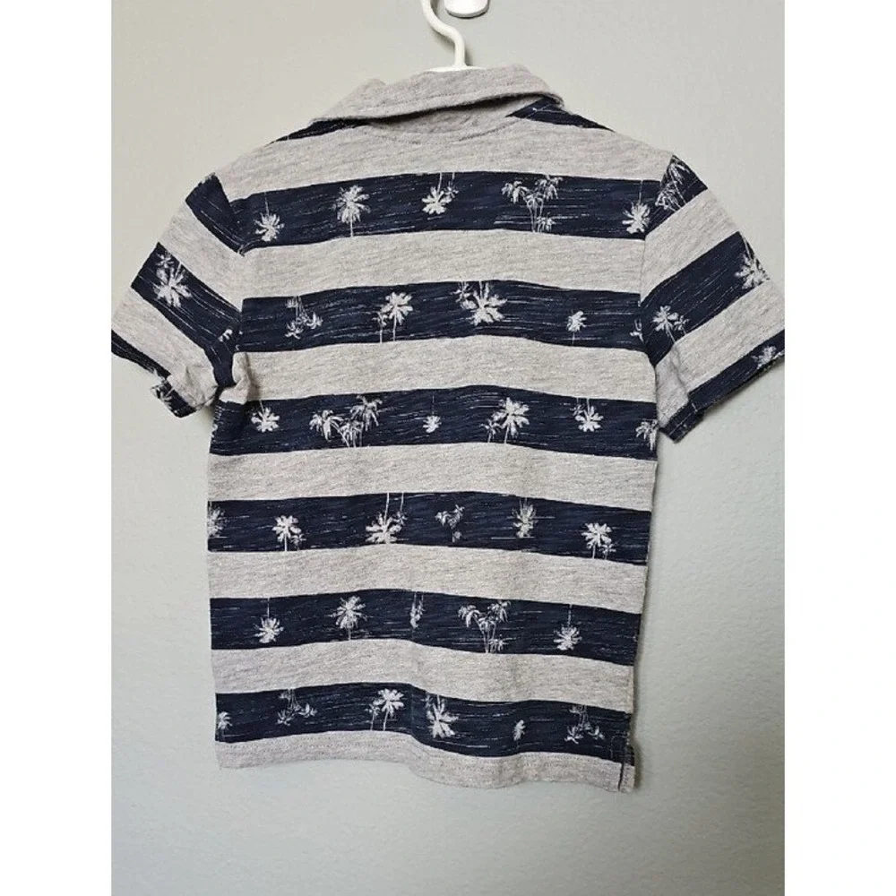 Gymboree Boys Size 5T Grey Navy Blue Palm Tree Striped Short Sleeve Polo Shirt